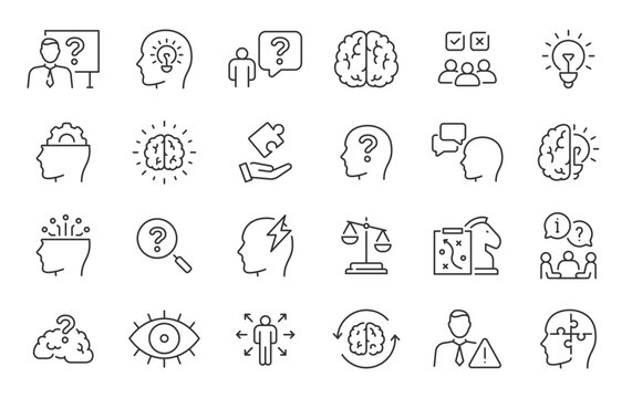Critical thinking web icons in line style. Facts, think, analyzing, problem-solving, rational, decision making, collection. Vector illustration.