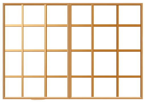 Double sliding wooden window with a grid pattern
