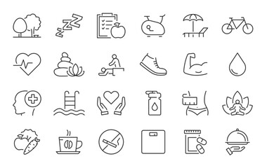 Lifestyle web icon set in line style. Healthcare, healthy lifestyle, health, diet, healthy food, exercise, sleep, collection. Vector illustration.
