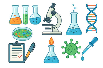 Science lab and chemistry research vector icon set. Laboratory equipment for biology experiment, medical analysis. Microscope, DNA, virus, test tube, flask cartoon icons.