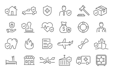 Insurance web icons in line style. Medical, Car, insurance situations, accident, health, flood, life, travel, fly, home. Vector illustration.