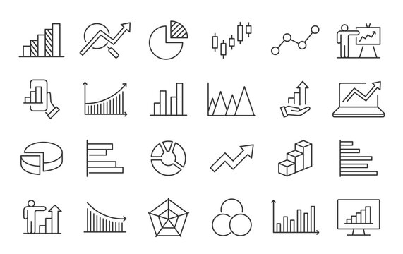 Graph and Charts web icons in line style. Graphics, infographic, statistics, data, diagrams, economy reduction, finance, down or up arrow, business, increase, decrease. Vector illustration.