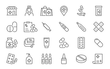 Pharmacy web icon set in line style. Medical preparations, equipment, drug, pills, health, pharmacist, masks, collection. Vector illustration.