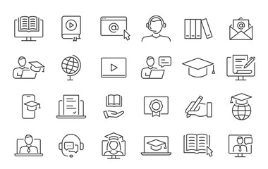 Online Education and E-learning web icon set in line style. E-book, video tutorial, mentor, distance learning, video and audio courses, collection. Vector illustration.