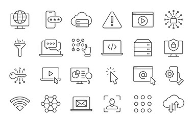 Information Technology web icon set in line style. Network, web design, website, computer, software, progress,programming, data, internet, collection. Vector illustration.