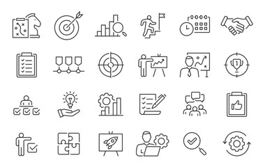 Action plan web icon set in line style. Schedule, plan, implementation, strategy, analysis, collaboration, check, collection. Vector illustration. © iiierlok_xolms