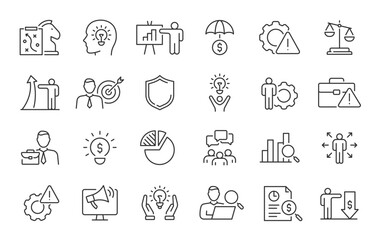 Crisis management web icon set in line style. Management, risk, business strategy, feedback, assessment, protection, crisis, collection. Vector illustration.
