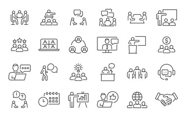 Meeting web icon set in line style. Conference, team, brainstorm, seminar, interview, collection. Vector illustration.