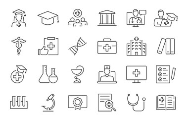 Medical Education web icon set in line style. Medicine, college, student, learning, book, collection. Vector illustration.