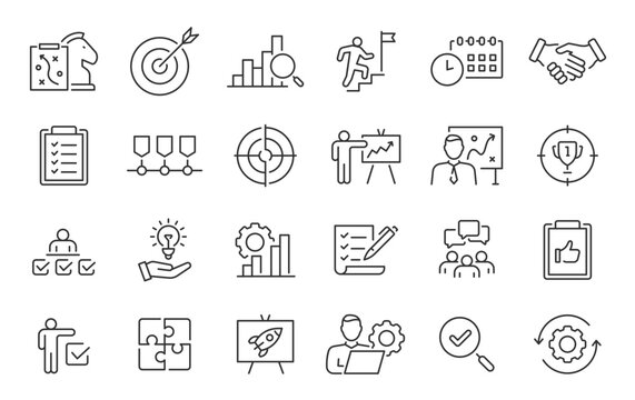 Action plan web icon set in line style. Schedule, plan, implementation, strategy, analysis, collaboration, check, collection. Vector illustration.