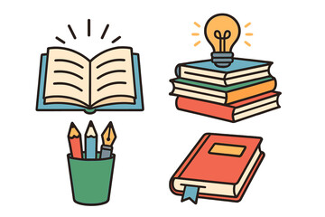 Book icon set vector. Education, reading and writing cartoon illustration. Open book, stack of books with lightbulb idea, pencils and pen. Knowledge, learning, study concept.