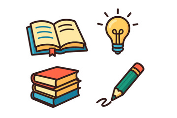 Set of education and knowledge icons. Vector cartoon illustration of books, pencil, and light bulb idea symbol. Learning, reading, writing, and creativity concept for school.