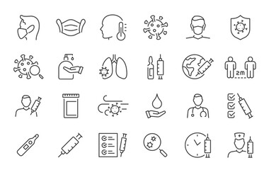 Vaccine and Vaccination web icons in line style. Medicine, vaccine dose, anti virus, doctor, virus, testing, lab, infographic collection. Vector illustration.
