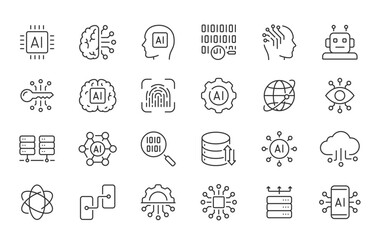 Fototapeta na wymiar Artificial Intelligence web icons in line style. Innovation technology, machine, robot, bot, brain, collection. Vector illustration.