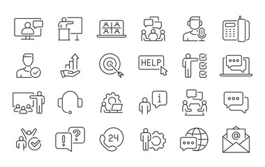 Consulting web icons in line style. Consultation, meeting, conference, service, communication, collection. Vector illustration.