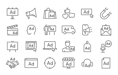 Advertisement web icons in line style. Advertising, marketing, billboard, brand, collection. Vector illustration.