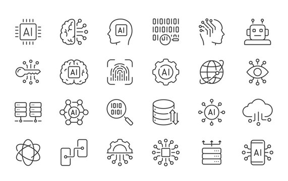 Artificial Intelligence web icons in line style. Innovation technology, machine, robot, bot, brain, collection. Vector illustration.