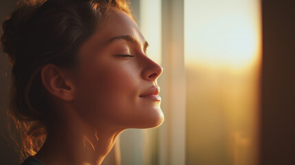 Young woman with closed eyes enjoying warm sunlight by window, peaceful and relaxed moment with soft natural light highlighting her face and calm expression