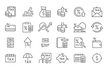 Tax web icons in line style. Pay, duties, interest rate, tax return, vat, tariff, personal tax, collection. Vector illustration.