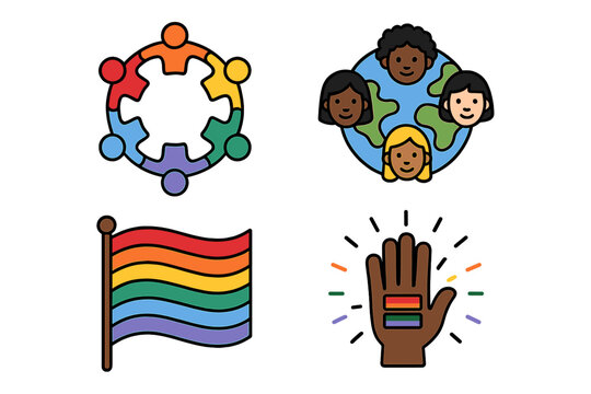 Diversity and inclusivity icon set. Vector symbols for equality, community, and LGBTQ pride. Includes rainbow flag, multicultural world, teamwork puzzle, and human rights.