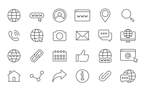 Website web icons in line style. Www, search, support, mail, contact, internet, collection. Vector illustration.