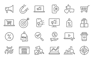 Promotion web icons in line style. Seo, megaphone, promoters, social media, growth, collection. Vector illustration.