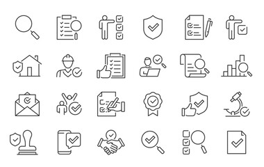 Inspection web icons in line style. Examination, testing, quality control, check, inspect, collection. Vector illustration.