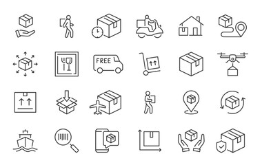 Moving Service web icons in line style. Courier, office move, packing, loaders, collection. Vector illustration.