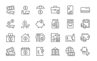 Personal Finance web icons in line style. Salary, budget, pay online, bank, credit card, wallet, tax, management, collection. Vector illustration.