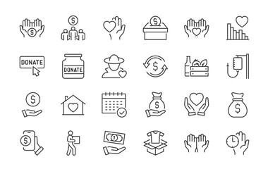 Donation web icons in line style. Charity, now, money, nonprofit, donor, volunteer, community, collection. Vector illustration.