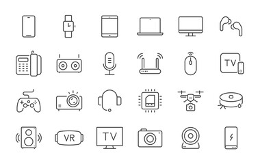 Fototapeta premium Tech Gadgets web icons in line style. Phone, tablet, laptop, startup, tv, dron, robot, game controler, vr, headphones, projector, collection. Vector illustration.