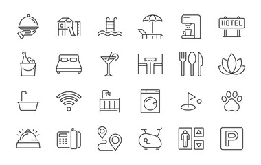 Resort Hotel web icons in line style. Wellness, beach, tourism, hotel, passport, maps, spa, landscape, camera. Icon collection. Vector illustration.