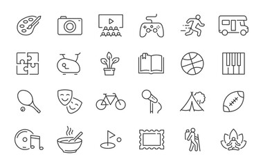 Hobby web icons in line style. Sports, music, dancing, yoga, artificial cooking, travelling, gardening. Vector illustration.