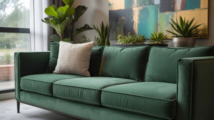 Elegant green velvet sofa adorned with cushions, set in a modern living room with natural light and indoor plants