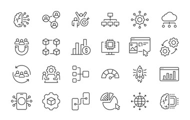 CRM web icons in line style. Customer relationship management, strategy, marketing, data, planning, manager, data analysis, collection. Vector illustration.