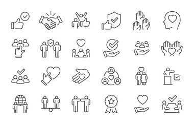 Trust web icons in line style. Integrity, confidence, reliability, credibility, empathy, friends collection. Vector illustration.