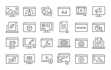 Web Content web icons in line style. Photo, video, media, blogging, collection. Vector illustration.