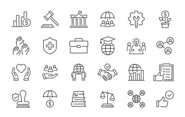 Social Policy web icons in line style. Education, government, welfare, reforms, medicine,  collection. Vector illustration.