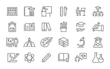 School web icons in line style. Education, knowledge, teacher, class room, study, language, collection. Vector illustration.