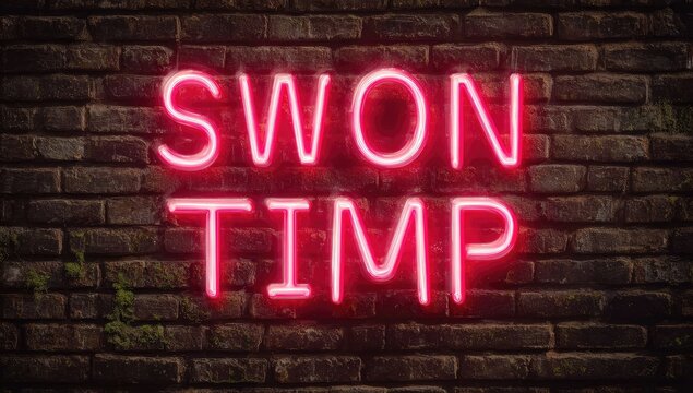 Pink neon sign, "SWON TIMP," on a brick wall