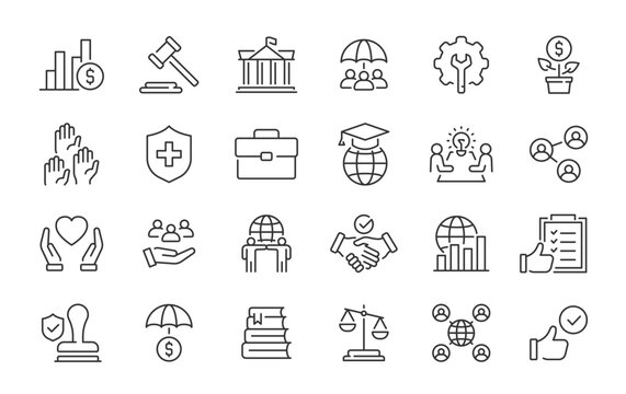 Social Policy web icons in line style. Education, government, welfare, reforms, medicine,  collection. Vector illustration.
