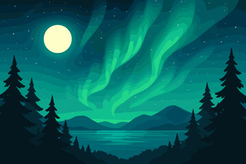 Vector illustration of northern lights. Aurora borealis over mountains, forest and lake. Beautiful night landscape with full moon and stars. Magical winter sky. Scenic wallpaper.