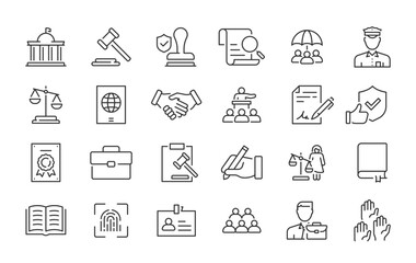 Court web icons in line style. Investigation, law, judgment, criminal, authority, court legal, related nailing, justice, prison. Vector illustration.
