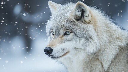 Obraz premium Close-up of a snowy wolf in arctic landscape, majestic wild wolf with frost-covered fur in frozen wilderness, capturing the beauty and strength of arctic wildlife in winter environment