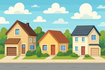Suburban street with three cartoon houses. Vector illustration of a neighborhood with homes, garages, and trees. Real estate, property, and residential community concept.