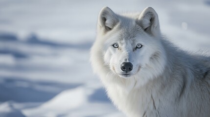 Obraz premium Close-up of a snowy wolf in arctic landscape, majestic wild wolf with frost-covered fur in frozen wilderness, capturing the beauty and strength of arctic wildlife in winter environment
