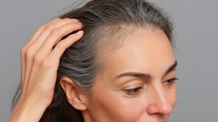 Fototapeta premium Frontal shot of woman with gray hair touching head in neutral pose with calm expression on gray background