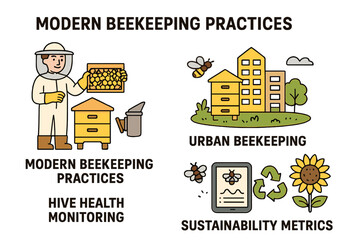 Modern urban beekeeping infographic vector set. Beekeeper with honeycomb, hive health monitoring. Sustainable apiculture in the city with technology and sustainability metrics.