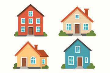 Vector houses set. Flat design cartoon homes. Real estate property symbol collection. Building facade front view. Architecture concept. Suburban residential cottage exterior.