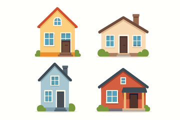 Set of house icons in flat design. Vector illustration of residential buildings. Home collection front view. Cartoon architecture for real estate, property concepts. Suburban houses.